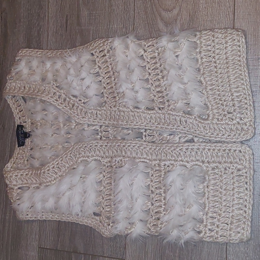 Topshop Faux Fur Open Knitted Vest Cardigan Size 2